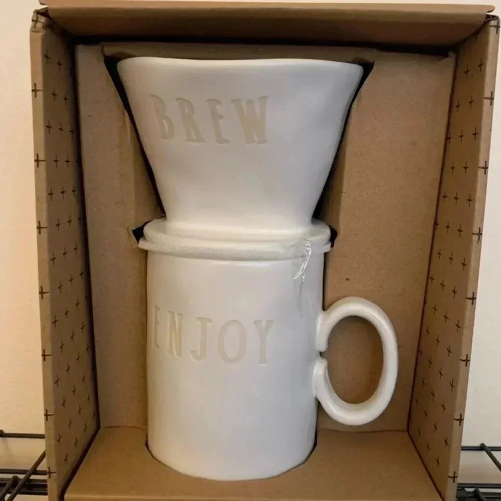 Rae Dunn “Brew” drip mug‎ “Enjoy"  white ceramic mug
